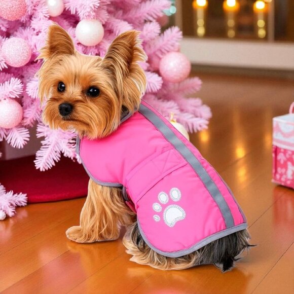 Pink Reflective Dog Coat Jacket Warm Fleece Lined Waterproof Pet Winter Medium - Picture 1 of 5